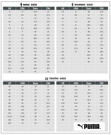 puma size chart printable.